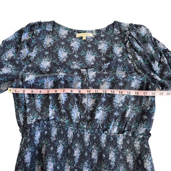 LoveShackFancy Brickell Blue Gathered Floral Print Crepe Mini Dress Size Large - Picture 5 of 13
